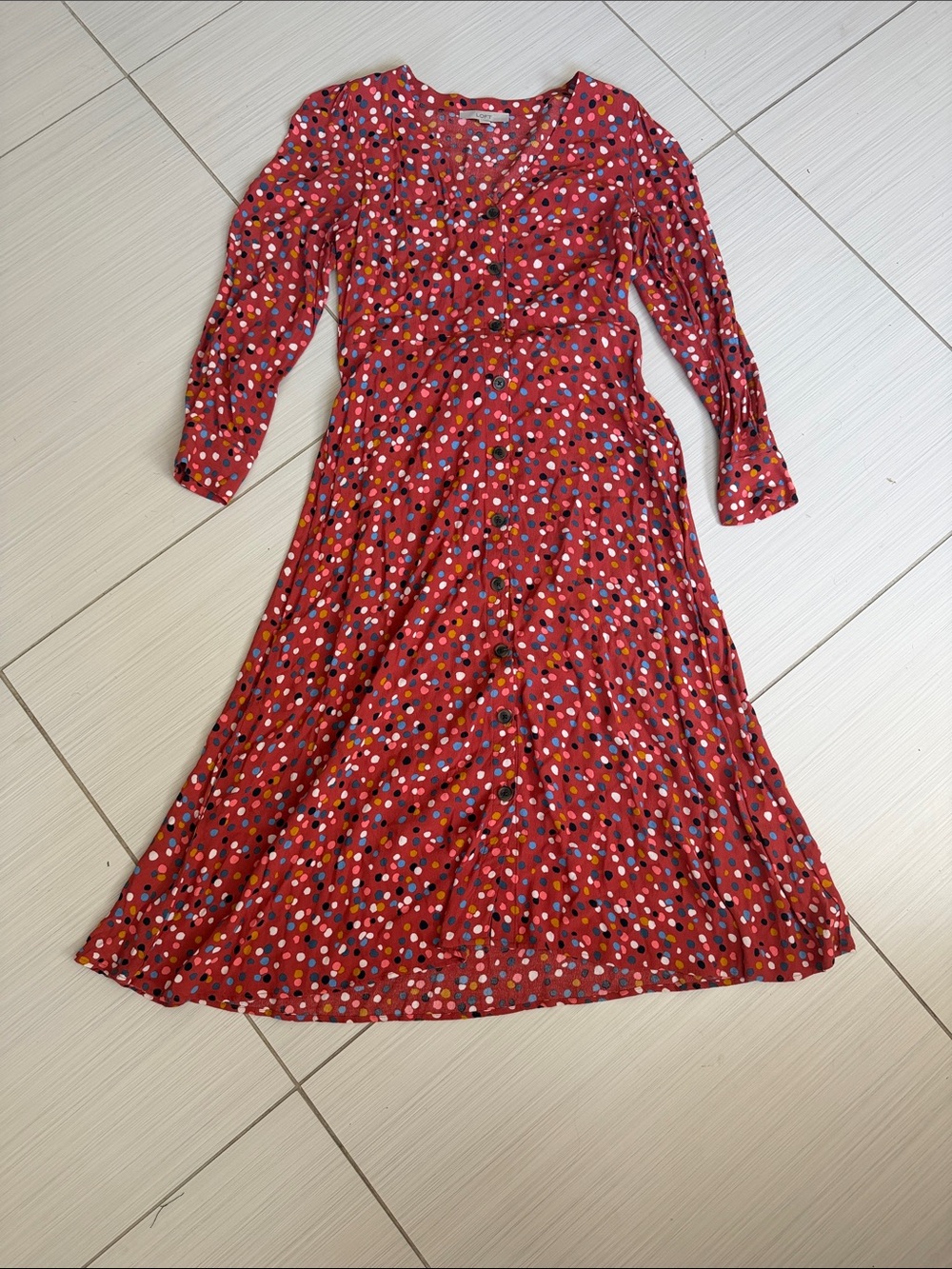 LOFT Red Long-Sleeve Floral Dot Midi Dress